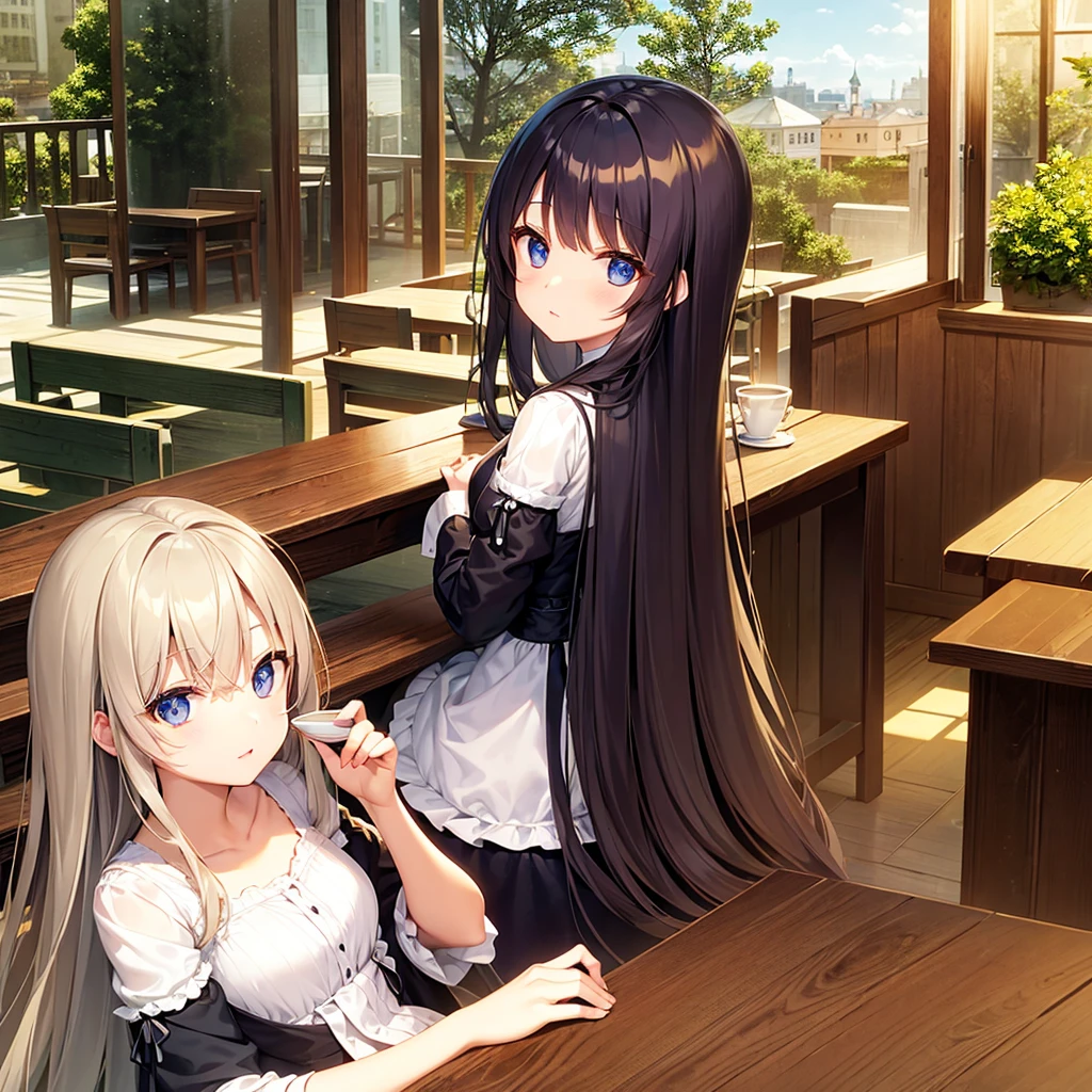 Long Hair、Beautiful eyes、woman、Wooden desk、Cafe、coffee、Contrasting sisters