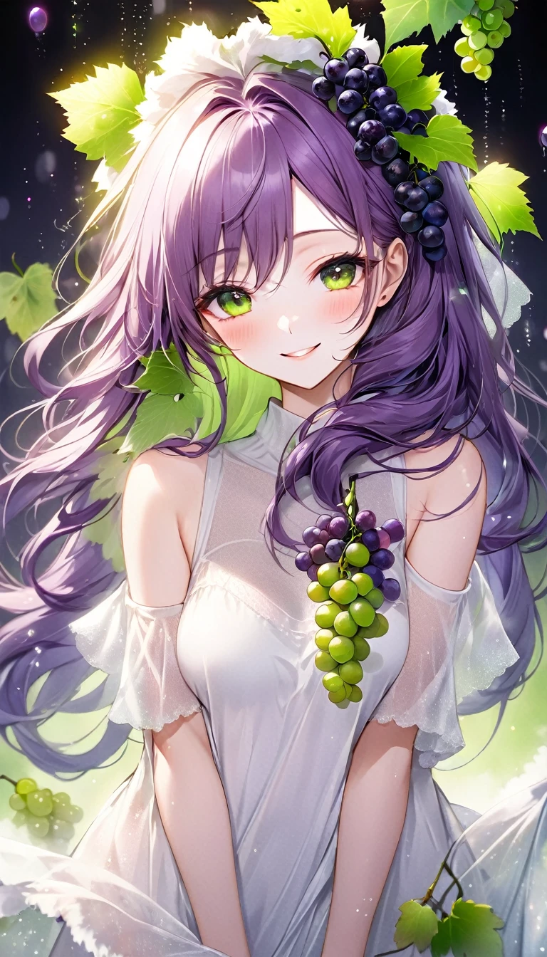 beautiful woman, two side up messy wavy fluffy long hair, make-up, wearing loose white dress made of thin knit fabric, seductive smile, amorous and lewd expression, great Proportions, glitter effects, foggy filter effects, 2.5D, delicate and dynamic, background black, fresh purple grapes, fresh green grapes