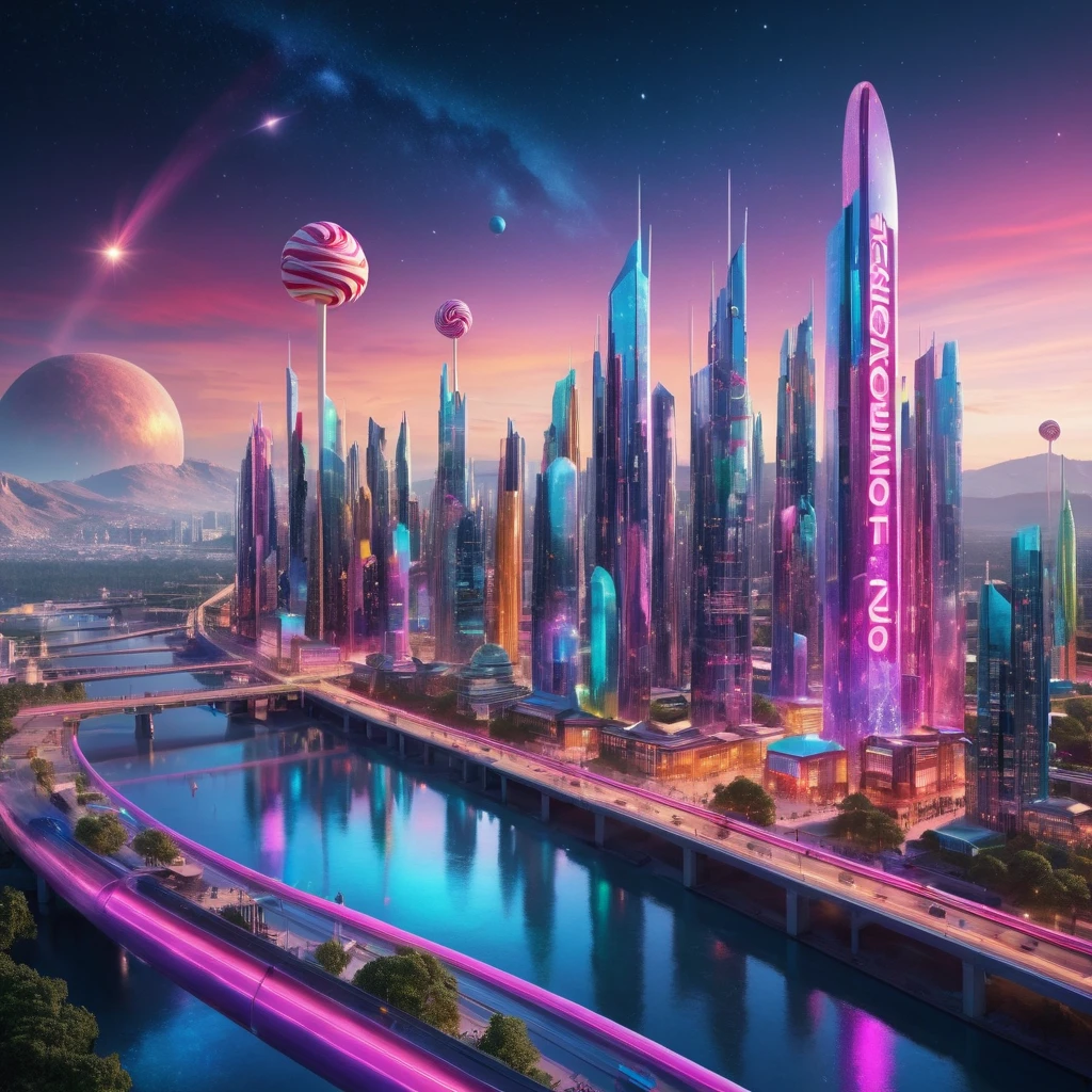 A captivating, high-resolution 3D render of the futuristic cityscape "NEUROSTOCKER 2024," where the limits of imagination are pushed to their extreme. The city is adorned with mesmerizing lollipop-shaped towers and candy-colored buildings, creating a fantastical and playful atmosphere. A shimmering rainbow river teems with life, reflecting the city's vibrant colors. The night sky is filled with twinkling stars, adding depth to the scene. Bold, modern typography displays the city's name, enhancing the futuristic aesthetic. A character is shown standing on a bridge, gazing at the breathtaking view. The combination of art, architecture, and storytelling elements creates an immersive, cinematic atmosphere that captivates the viewer and invites them to explore this, 3d render, photo, vibrant, typography, poster, cinematic, illustration, conceptual art, architecture