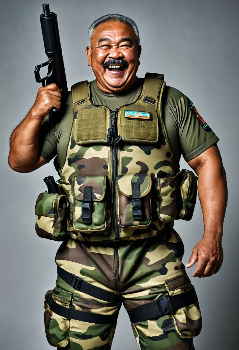 (a dark-skinned fat muscular moustached old man in a bulky camouflage zipper diver suit) saluting, carrying a gun holster at his left hip, muscular, Basuki Abdullah, sumatraism, action, a character portrait, heroic, fierce, snarling, best quality, laughing