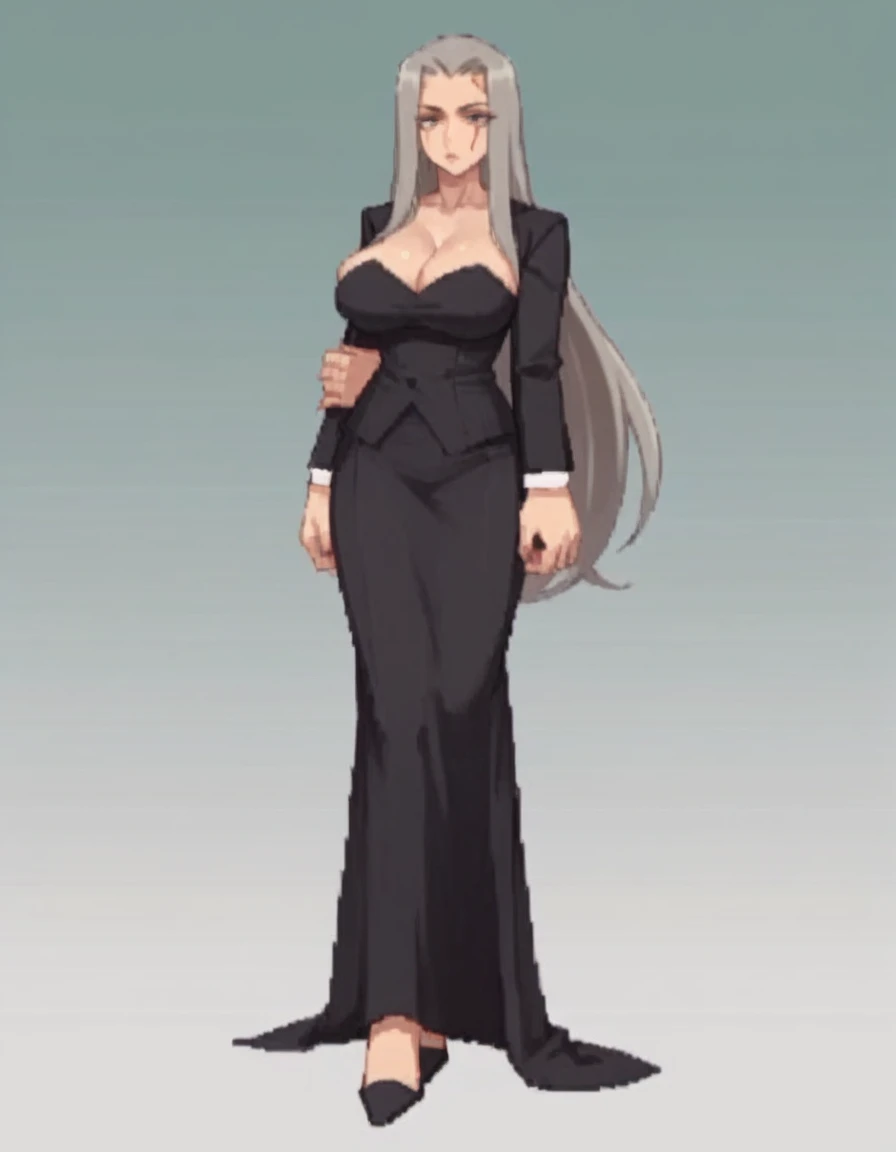 zPDXL, score_9, score_8_up, score_7_up, source_anime, 1girl, solo, rcklgnd, mature woman, big breasts, very long hair, grey hair, feminine, elegant, scars, facial scar, lipstick, makeup, bedroom eyes, full body, looking at viewer, standing,