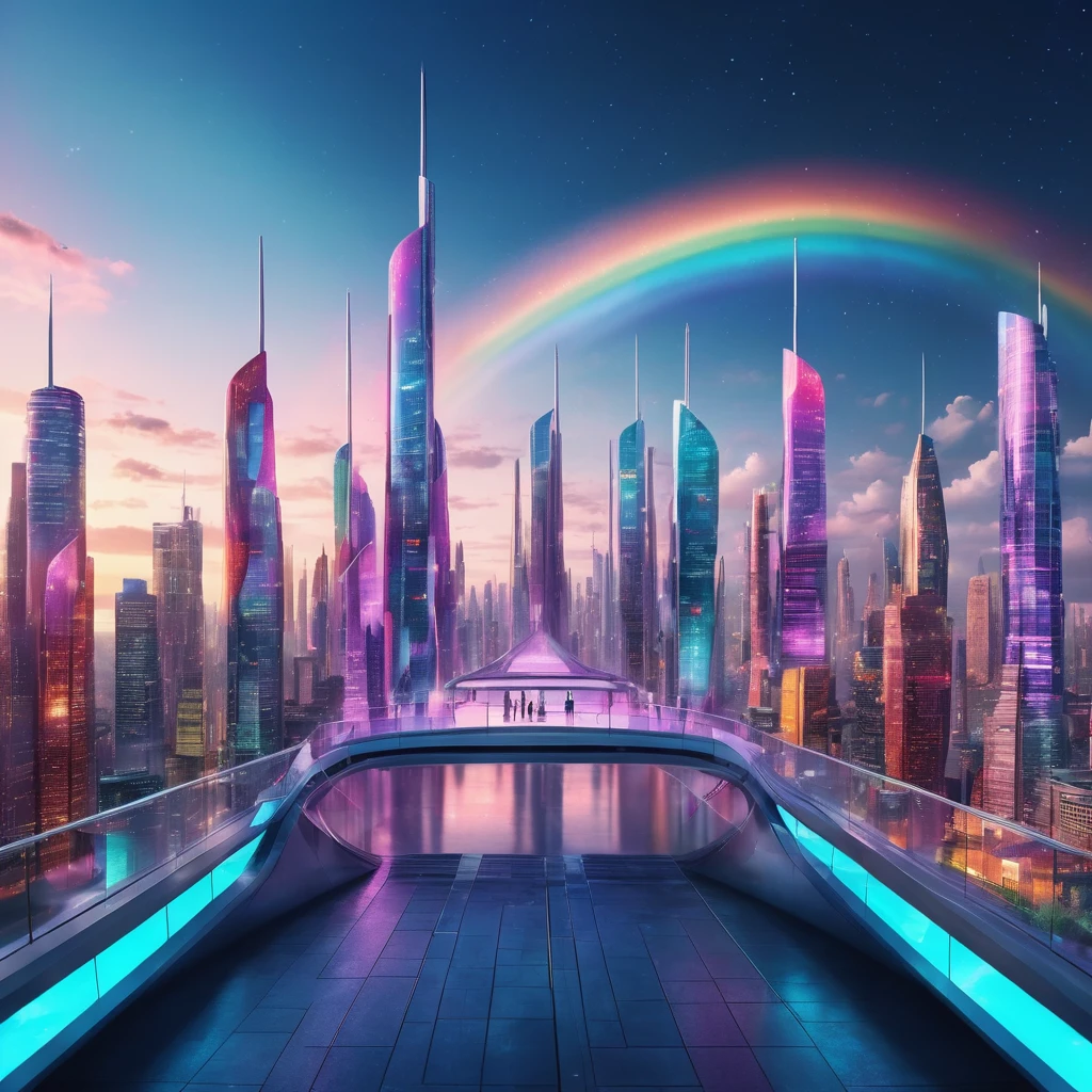 A captivating, high-resolution 3D render of the futuristic cityscape "NEUROSTOCKER 2024," where the limits of imagination are pushed to their extreme. The city is adorned with mesmerizing lollipop-shaped towers and candy-colored buildings, creating a fantastical and playful atmosphere. A shimmering rainbow river teems with life, reflecting the city's vibrant colors. The night sky is filled with twinkling stars, adding depth to the scene. Bold, modern typography displays the city's name, enhancing the futuristic aesthetic. A character is shown standing on a bridge, gazing at the breathtaking view. The combination of art, architecture, and storytelling elements creates an immersive, cinematic atmosphere that captivates the viewer and invites them to explore this, 3d render, photo, vibrant, typography, poster, cinematic, illustration, conceptual art, architecture