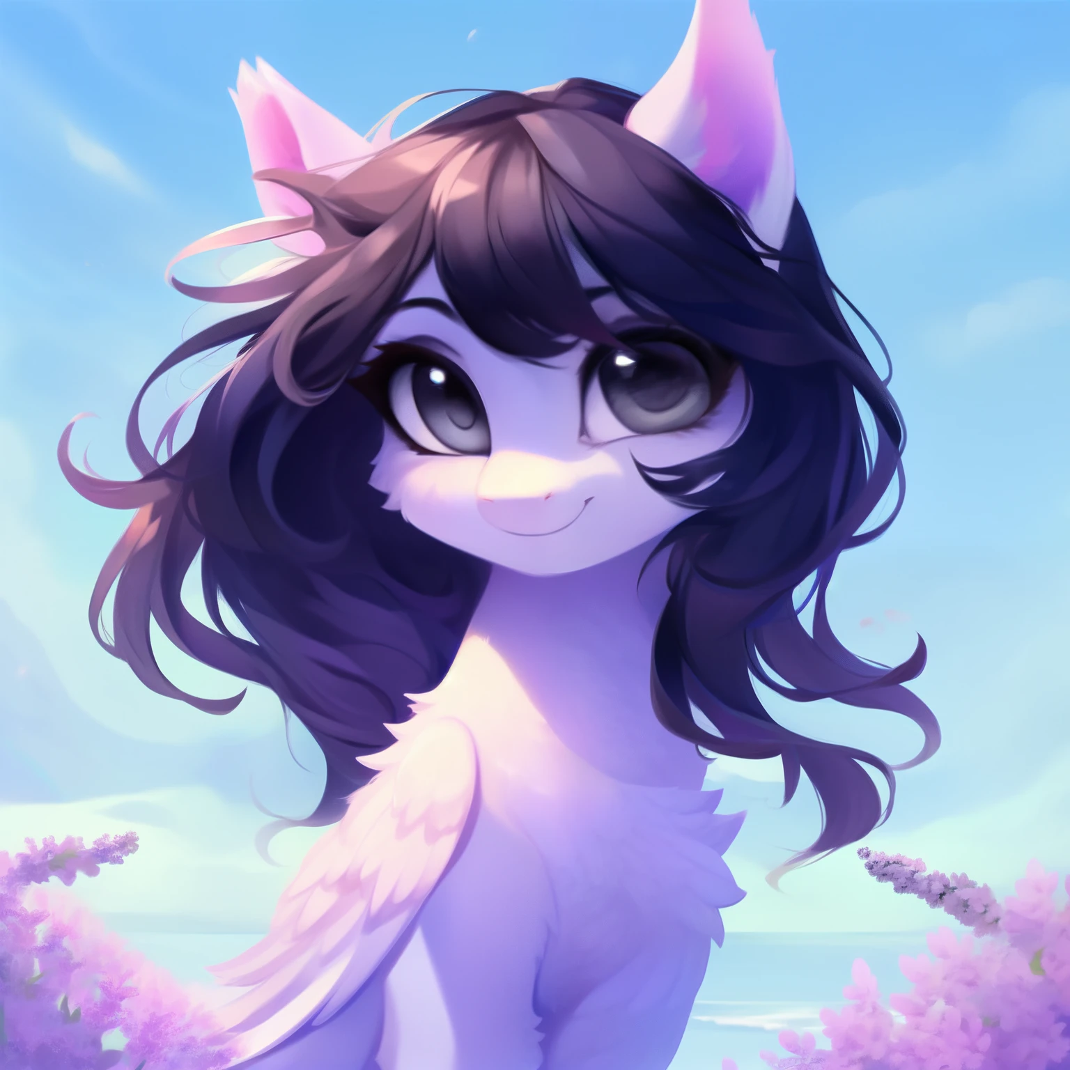 rating_safe, score_9, fluffy, feral pegasus pony, female,round cute face， Lavender purple body, black-purple mane, disheveled hair, soft and delicate long hair, clear grey eyes, grey eyes, smiling. dynamic。young and beautiful。in White shore flower sea
