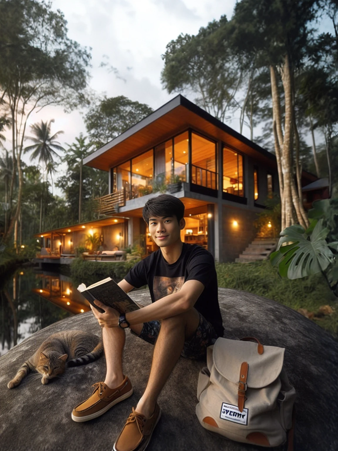 arafed man sitting on a rock reading a book in front of a house, mid shot portrait, medium shot portrait, inspired by Adam Dario Keel, medium portrait, fanart, portrait shot, ✨🕌🌙, by Byron Galvez, stood outside a wooden cabin, by Galen Dara, lookbook, by Aneurin Jones, by Basuki Abdullah