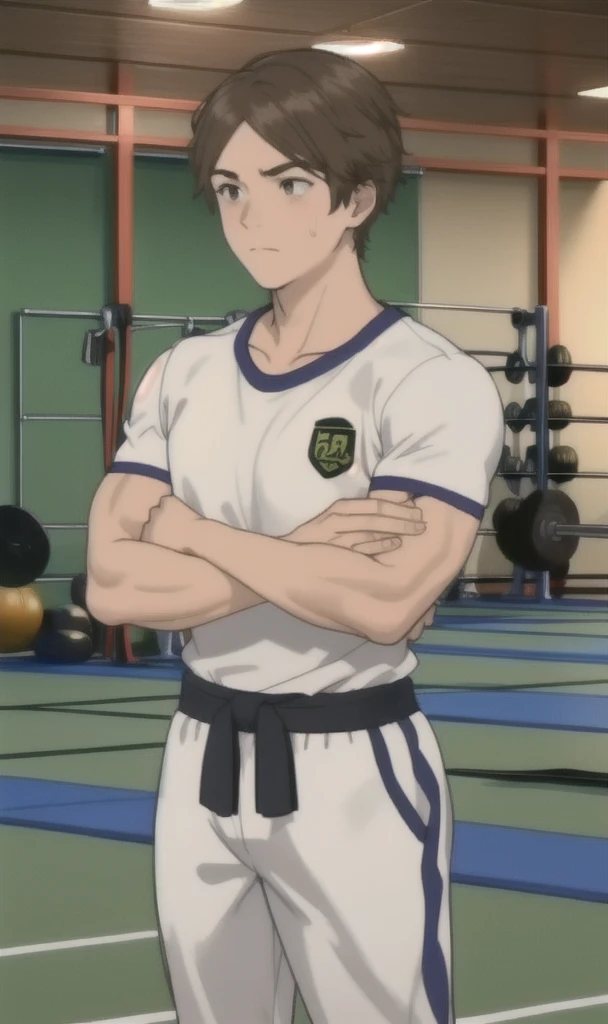 toned young man, full body, short black hair, adidas shirt, tight fitting shorts, bulge, chavalpha