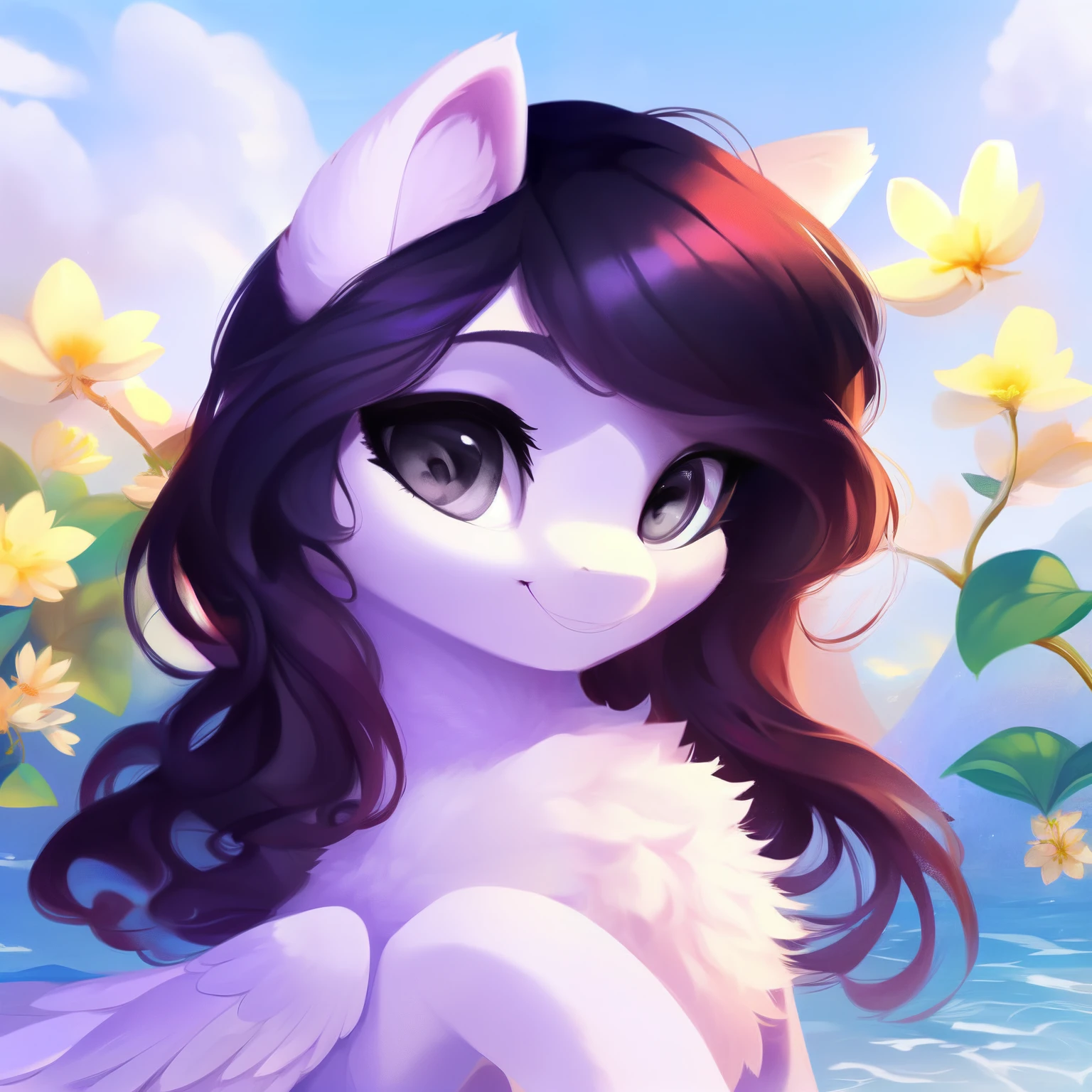 rating_safe, score_9, fluffy, feral pegasus pony, female,round cute face， Lavender purple body, black-purple mane, disheveled hair, soft and delicate long hair, clear grey eyes, grey eyes, smiling. dynamic。young and beautiful。in White shore flower sea
