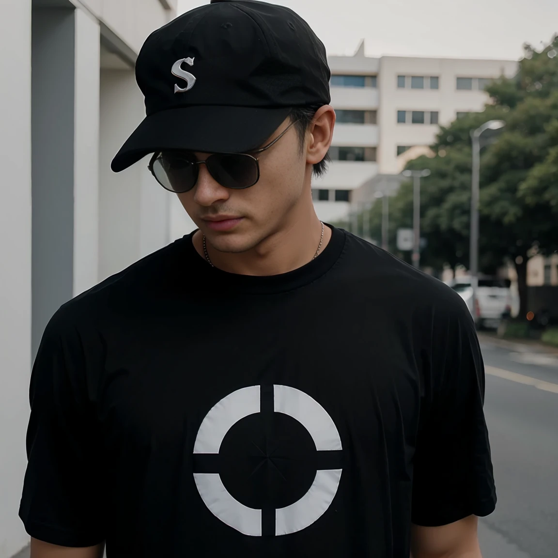 AI of a gentlemen wearing snap cap, black sun glasess with black t-shirt