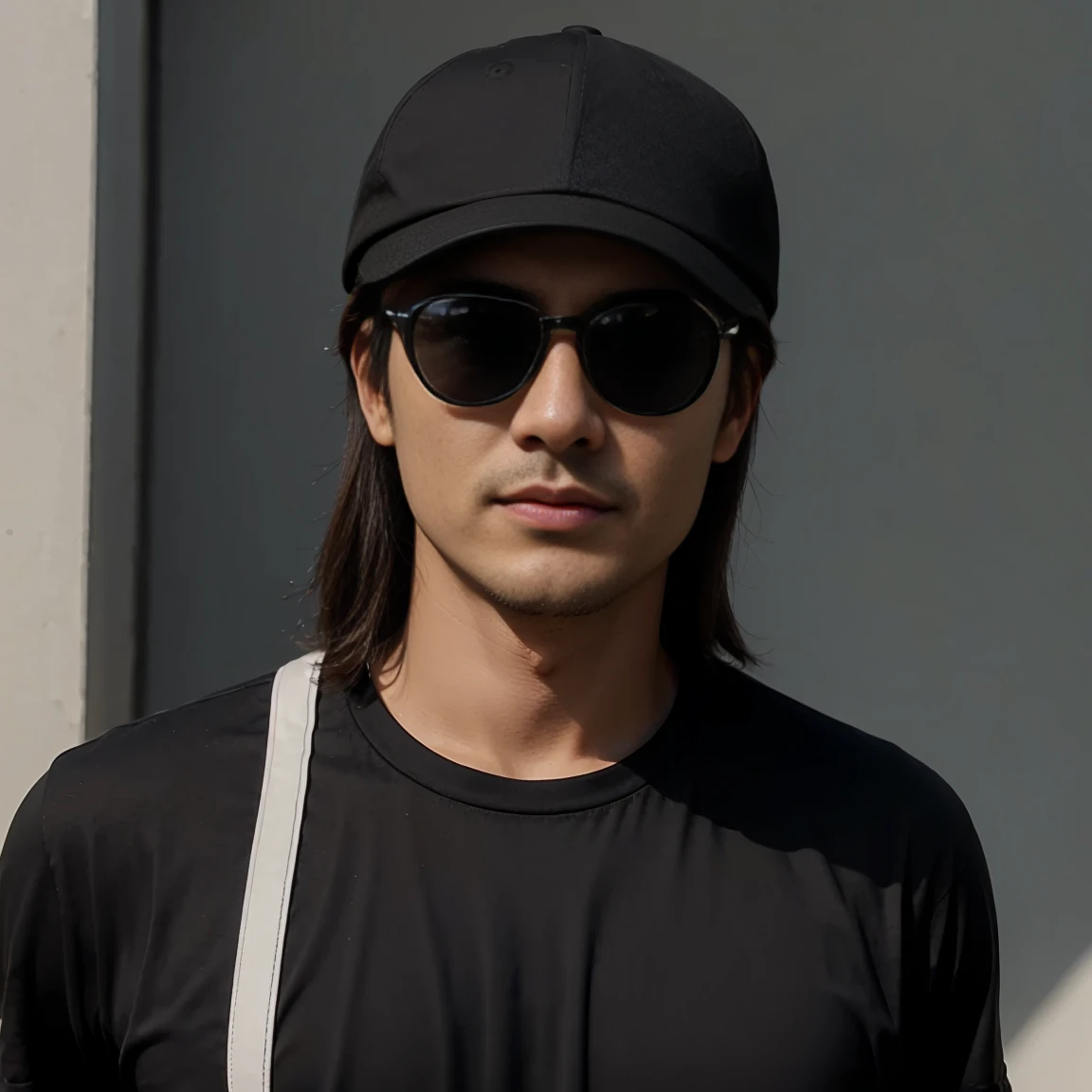 AI of a gentlemen wearing snap cap, black sun glasess with black t-shirt