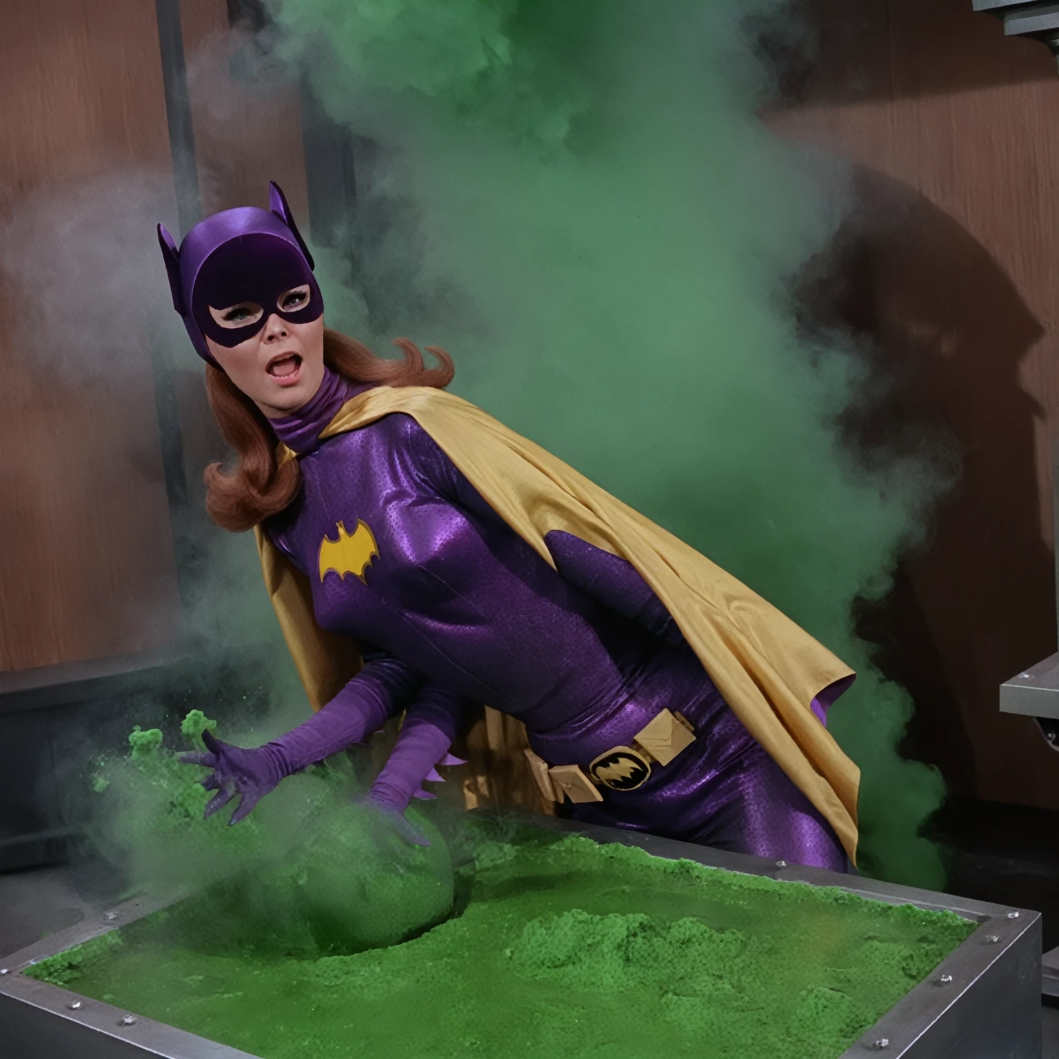 yvonne craig woman, sinking in a tank with green lava inside a lab. She screams with her eyes wide open, she looks for help, extent her arm trying to grab something to escape, she moves desperate, but half of her body is already cover by lava she is in pain, smoke everywhere. she screams as hard as she can , 60's style, analog film, film grain, on a lab