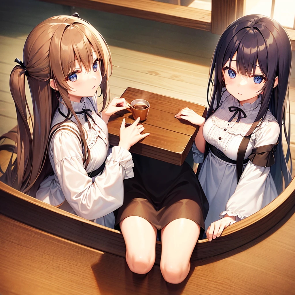 Long Hair、Beautiful eyes、woman、Wooden desk、Cafe、coffee、Contrasting sisters
