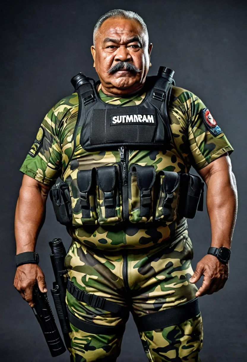 (a dark-skinned fat muscular moustached old man in a bulky camouflage zipper diver suit) saluting, carrying a gun holster at his left hip, muscular physique, Basuki Abdullah, sumatraism, action, a character portrait, heroic, fierce, snarling, best quality, angry