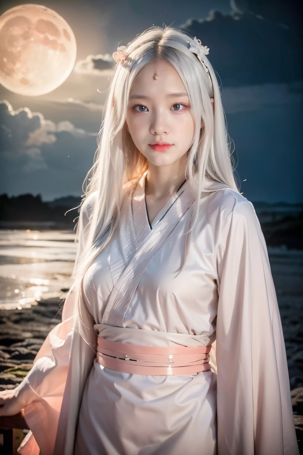 face lighting,bright backlight,super high resolution,best quality,Photos,32K,(Realistic:1.2),huiye,1girl,(kimono:1.1),(pale skin:1.5),(pink silver hair:1.2),long hair,(night:1.2),
(pink moon:1.4),Shoulders exposed skin,Are thin, skinny,