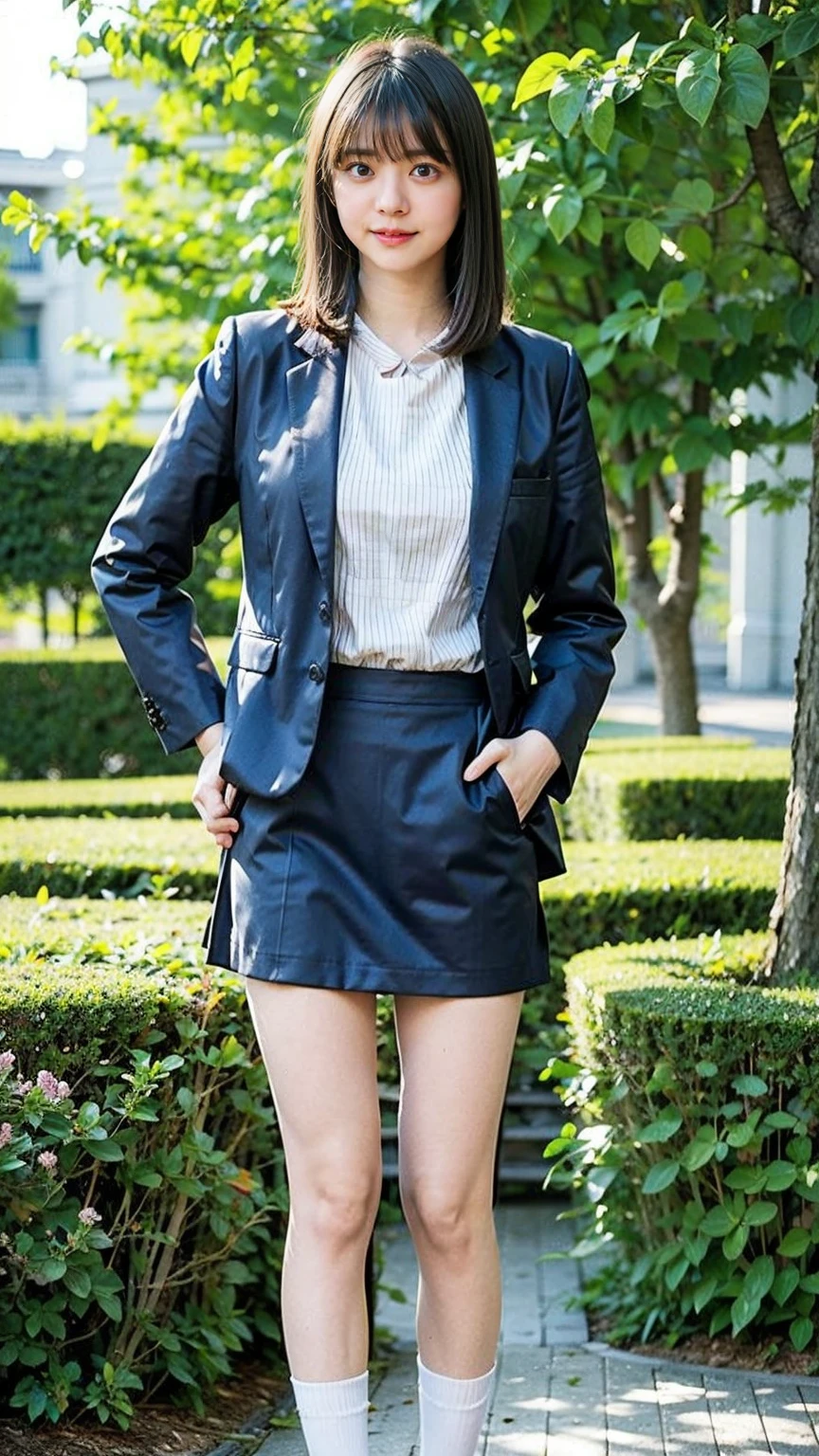 (8k、RAW Photos、Highest quality、masterpiece:1.2)、(Realistic、Realistic)、1 Girl、((mini skirt、whole body、Pink Blazer、チェック uniform、Navy Socks、loafers、garden、View from the front、Looking at the camera、Hands on your hips))、cute