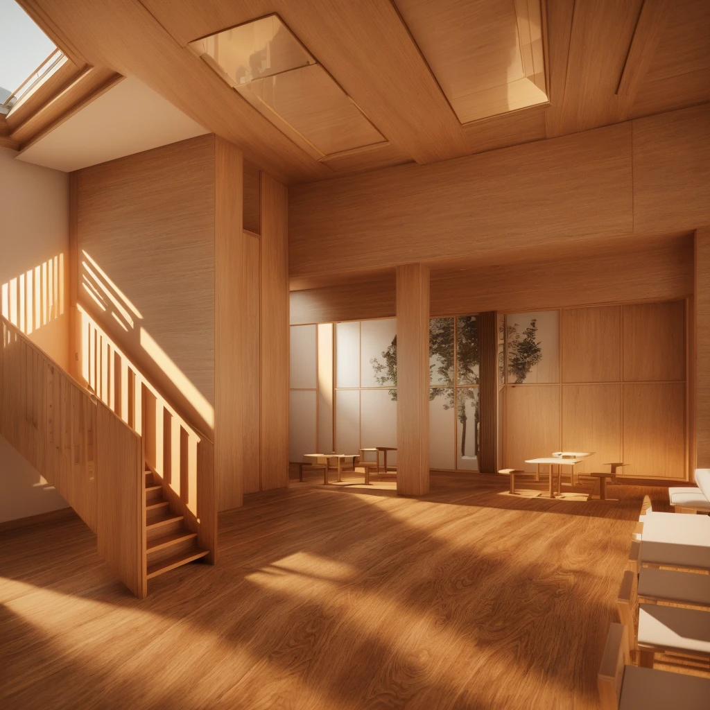 there is a room with a staircase and a table and chairs, vue render, low angle dimetric rendering, enscape render, cg rendering, rendered in enscape, high detail render, 3 d rendering, 3d rendering, semi - realistic render, 3d rendered model, vue 3d render, realistic render, highly photographic render, architectural render, detailed rendering