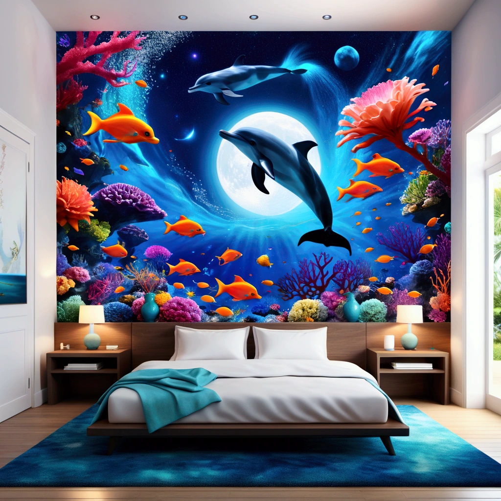 Nebula wallpaper, Surreal, fantasy-style artwork featuring an underwater scene with vibrant coral reefs, Neuron Flowers,  colorful fish, An young woman in a colorful bikini swims among bioluminescent creatures. Above, a starry sky with a swirling Nebula forms a giant blue eye. A dolphin leaps towards a glowing moon. Shimmering mist adds an ethereal touch to this ultra-detailed masterpiece.