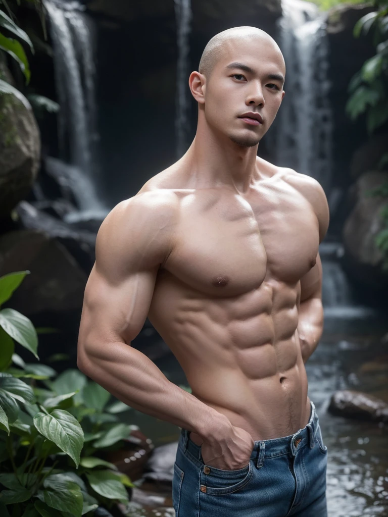 Vietnamese muscle man, Detailed skinhead, shirtless , quiet, Jeans, Take the whole body, Walking posture :: Manly, Look at the camera, (Make eye contact), manhood posture, Manly deportment, Have morals, masculinity, manhood, very detailed facial parts, very detailed neck, Manly, waterfall background, happy expression, professional photos, soft focus, ( raw photos, best quality, Masterpiece:1.2), very detailed, Ultra high resolution, perfect anatomy, ส่วนของร่างกายที่very detailed, The body is very symmetrical., Asia, 18 years old, Highly detailed, detailed face, Detailed eyes, proportional eyes, very detailed mouth, Leaky abdomen :: very detailed, thin, small waist, realistic, human skin, นิ้วที่very detailed, handsome chad chin, Be a man, human skin, handsome, charming, Highly detailed RAW color photo, depth of field, Photo taken from the front, perfect composition, very detailed hands, very detailed fingers