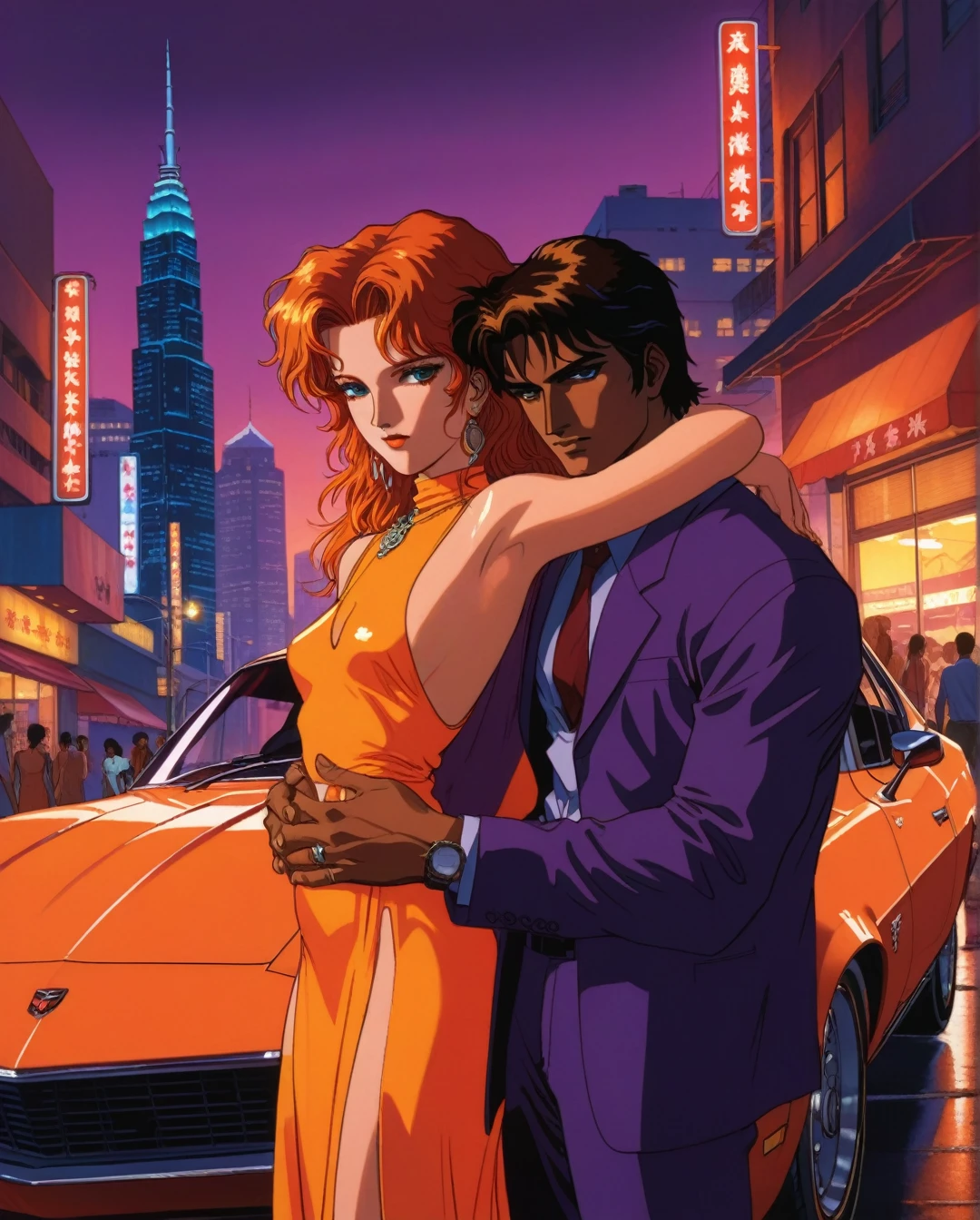 A sultry sunset in Vice City's neon-lit streets, with the boy and girl leaning on the hood of a sleek sports car. The warm orange hues cast long shadows across the bustling cityscape, as the dynamic duo poses confidently, arms wrapped around each other. The city's vibrant atmosphere is palpable, with towering skyscrapers, billboards, and neon lights reflecting off the wet pavement. In the distance, a helicopter whisks by, while pedestrians and traffic fill the streets. The car's gleaming finish and the pair's stylish attire radiate coolness, set against a backdrop of urban energy and excitement.