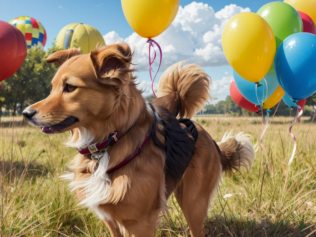 uhd, masterpiece, best quality, highres, Dog and balloon、Aboveにいる、Tying balloons、Above、Blue sky as far as the eye can see