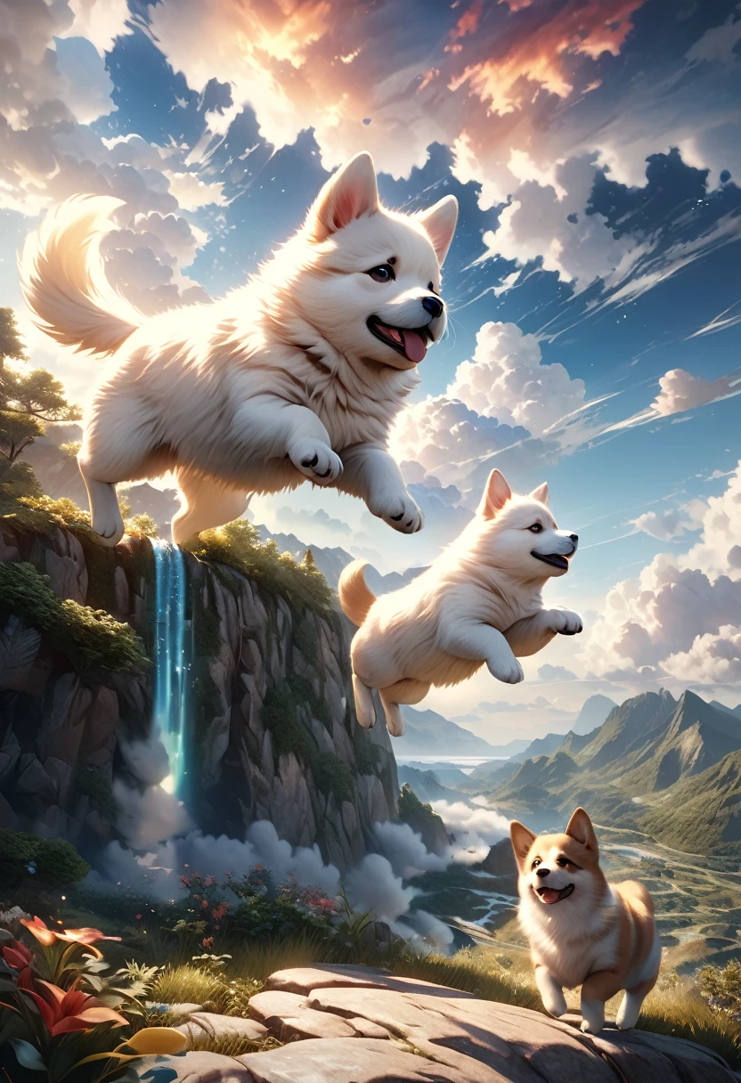(Beautiful detailed sky with clouds:1.5)、Puppy jumping up into the sky:1.5、(詳細でRealな空:1.4)、Fluffy Clouds、Serene atmosphere、Peaceful setting、(Highest quality、8k、High resolution、masterpiece:1.2)、Super detailed、(Real、Photorealistic、Photorealistic:1.37)、landscape、Bright colors、Dramatic lighting、Cinematic composition、Ethereal、Whimsical、dream-like