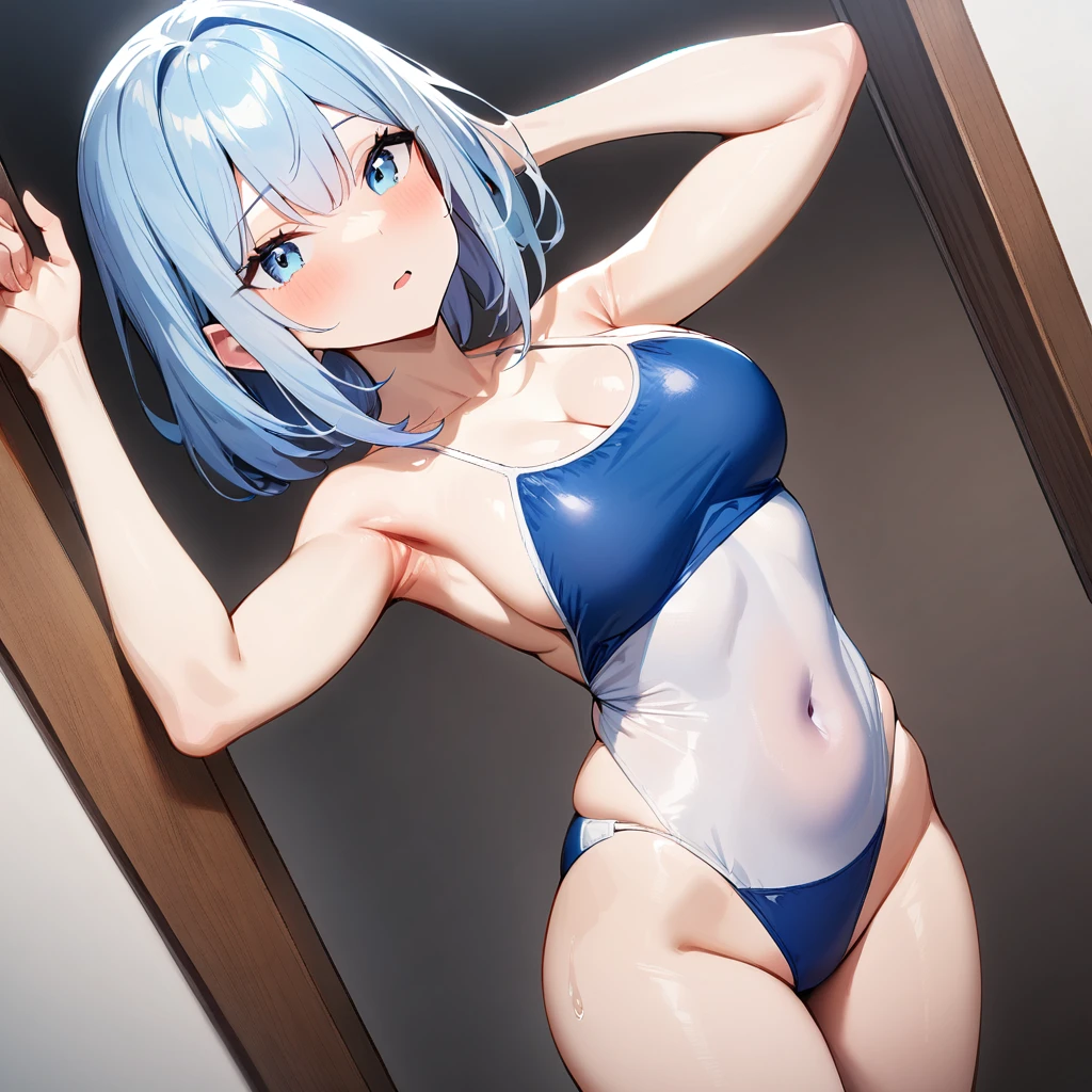 1 girl,Solo,blue eyes,(String swimsuit:1.3),Covered navel,breasts,masterpiece, best quality, very aesthetic, absurdres