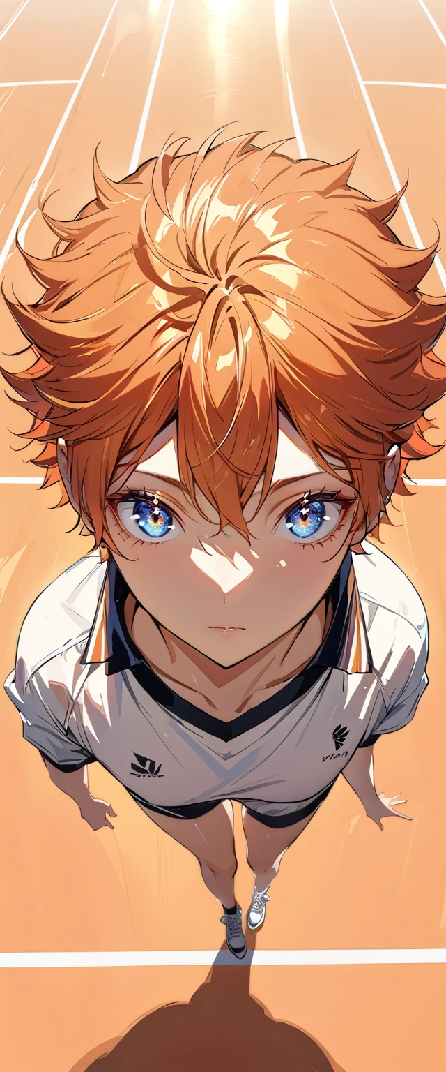 (Highest quality),(masterpiece), 8k,Very detailed, Detailed light, Best Shadow,Detailed reflective eyes, Beautiful Eyes, Very detailedな顔,Shiny Hair,One person,Gloss,Hinata Shoyang,Orange Hair,looking at the camera,front,Sense of presence,Volleyball court,Expressionless,spike,Description during jump,One Boy,Hinata Shoyo,spikeモーション,