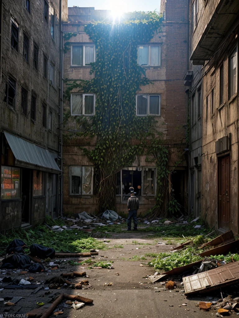 The photograph shows an apocalyptic street view of a financial center 150 years after the fall of human civilization. A man in rags looking for food. The buildings and streets are ruined and covered with lush vegetation up to the roof. There are rusty car wrecks staying in disarray on the street, also overgrown with vegetation. The whole is illuminated by sharp sunlight creating an interesting chiaroscuro, and in the distance there is a delicate blue morning mist.