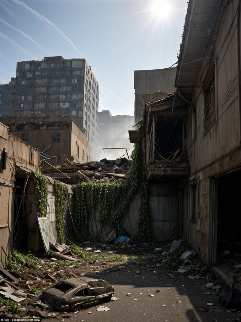 The photograph shows an apocalyptic street view of a financial center 150 years after the fall of human civilization. A man in rags looking for food. The buildings and streets are ruined and covered with lush vegetation up to the roof. There are rusty car wrecks staying in disarray on the street, also overgrown with vegetation. The whole is illuminated by sharp sunlight creating an interesting chiaroscuro, and in the distance there is a delicate blue morning mist.