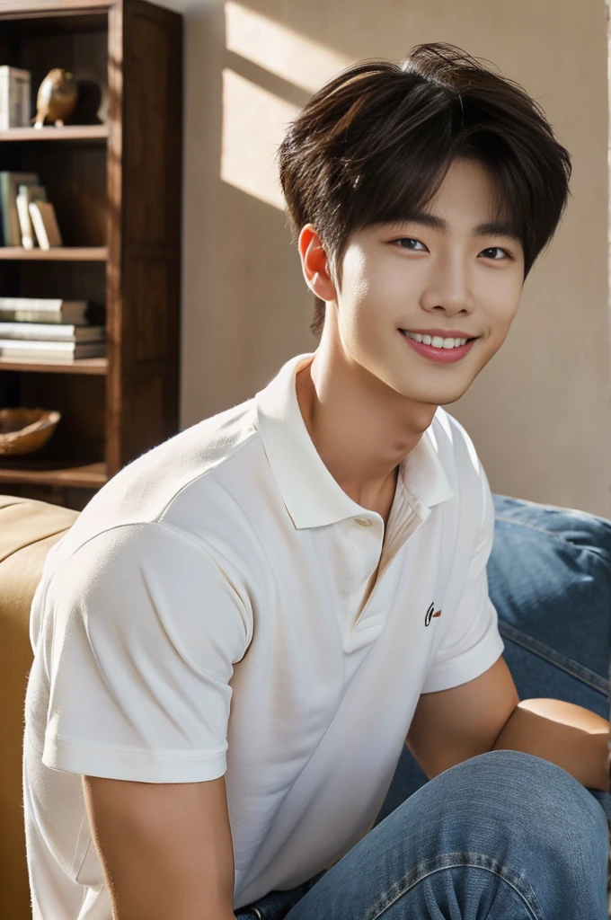 ((realistic daylight)) , (Young Korean man in a polo shirt) , Jeans, A handsome, muscular young Asian man looks at the camera.  , in the living room,turn sideways, smile