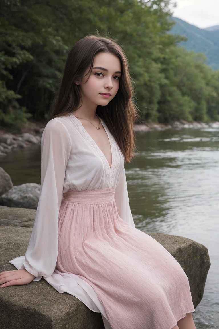 young beautiful girl, thin build, USA, wild west, western, ************, looking to the side, sitting on a stone by the river, forest beyond the river, mountains visible from afar, long pink dress with long sleeves, simple cut dress, long straight light brown hair, detailed fabric texture