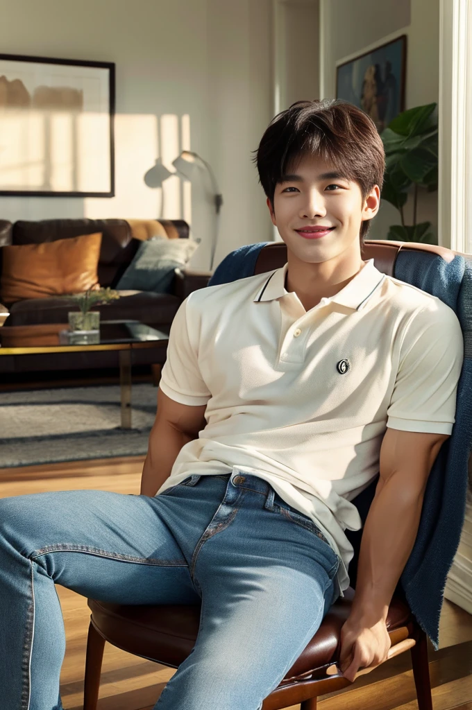 ((realistic daylight)) , (Young Korean man in a polo shirt) , Jeans, A handsome, muscular young Asian man looks at the camera. , in the living room,turn sideways, smile