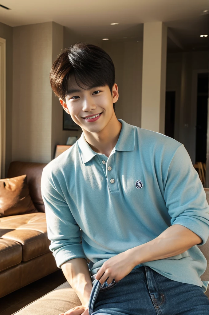 ((realistic daylight)) , (Young Korean man in a polo shirt) , Jeans, A handsome, muscular young Asian man looks at the camera.  , in the living room,turn sideways, smile