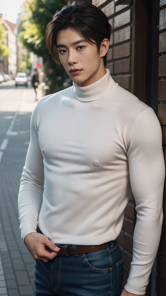 (realistic, คุณภาพhigh: 1.3) Handsome Asian man, high, Turtleneck, Skinny jeans, photography, Dutch corner, outdoor, Hair style up, hair dyed blonde