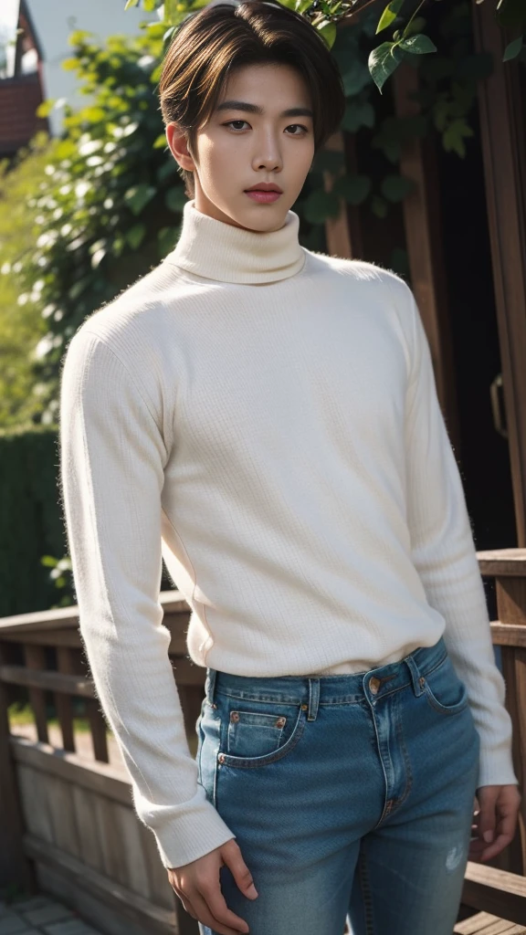 (realistic, คุณภาพhigh: 1.3) Handsome Asian man, high, Turtleneck, Skinny jeans, photography, Dutch corner, outdoor, Hair style up, hair dyed blonde