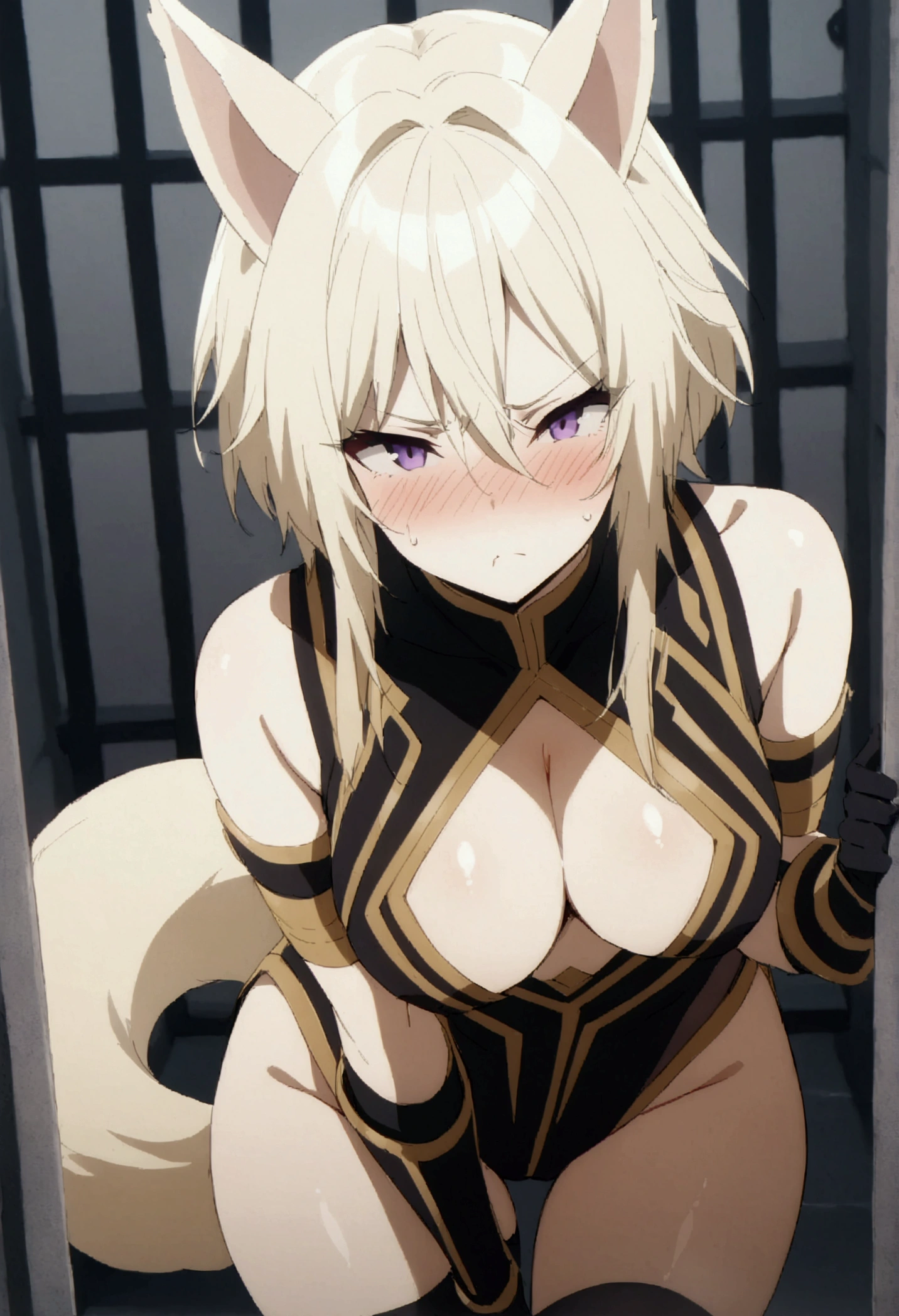 NSFW,masterpiece,Highest quality,High resolution,Very detailed,Zeta\(I want to be a powerful figure behind the scenes！\),Zeta,Animal ears、Purple Eyes、Blonde,short hair,gloves、Cleavage、tail、黒いgloves、Clothing cutouts、Cleavageの切り抜き,Handcuffed,Glare,Angry face,blush,prison,Jail