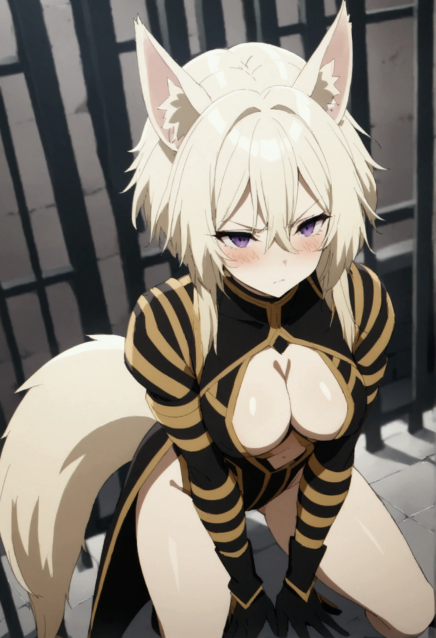 NSFW,masterpiece,Highest quality,High resolution,Very detailed,Zeta\(I want to be a powerful figure behind the scenes!\),Zeta,Animal ears、Purple Eyes、Blonde,short hair,gloves、Cleavage、tail、黒いgloves、Clothing cutouts、Cleavageの切り抜き,Handcuffed,Glare,Angry face,blush,prison,Jail