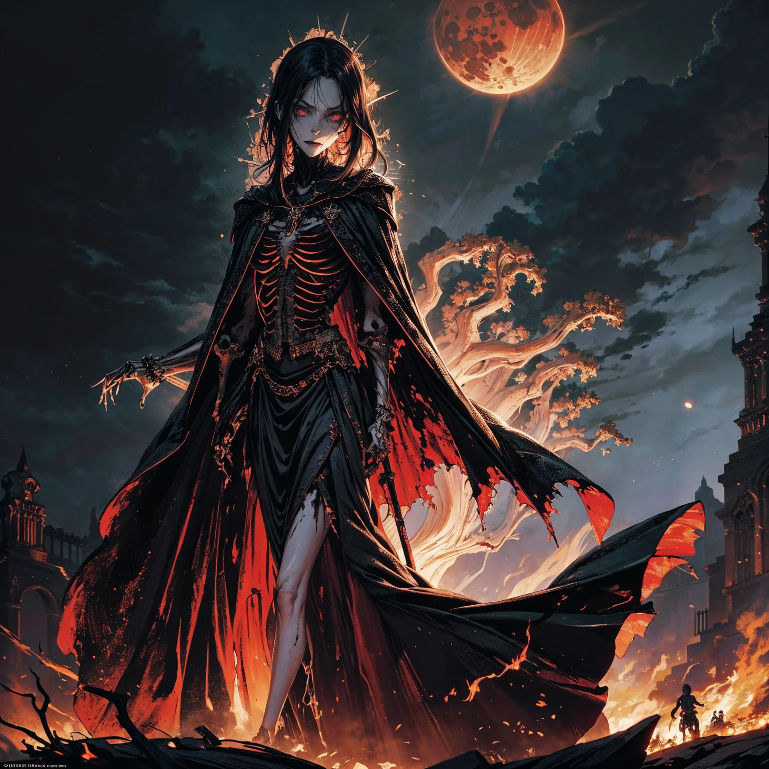 best quality, 4K, high resolution, masterpiece:1.2, Very detailed, actual:1.37, Mood lighting, An undead girl in a long cape, Torso and limb is skeleton bone but head is still beautiful human face, Wearing a ragged gothic skirt, Aloofness emotion, Dangerous sneer, Beautiful but cruel smile, Black Hair, Standing, Facing the camera, Crucified, Pitch black sky, Blood-red moon, strange atmosphere, Gothic style, Unforgettable beauty, Dramatic shadows, Ethereal Light, Mysterious atmosphere.