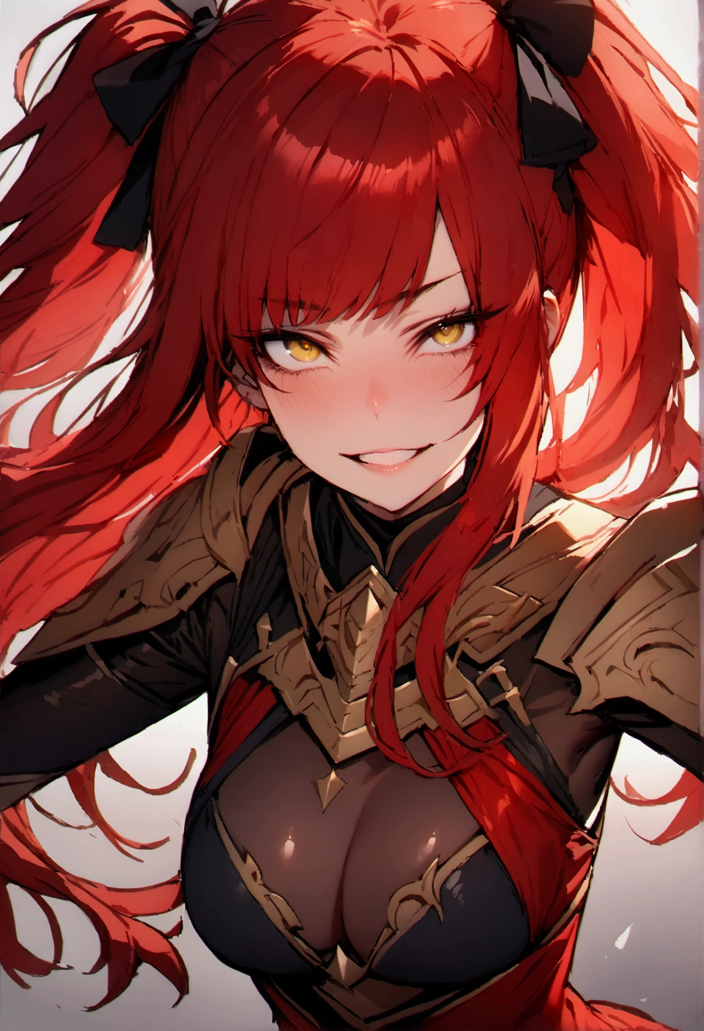 masterpiece, best quality 1girl, solo, beautiful woman, messy bangs, red hair, long hair, hair two side up by black bows , yellow eyes, grin, medium breasts, armour, fantasy dress, looking at viewer.