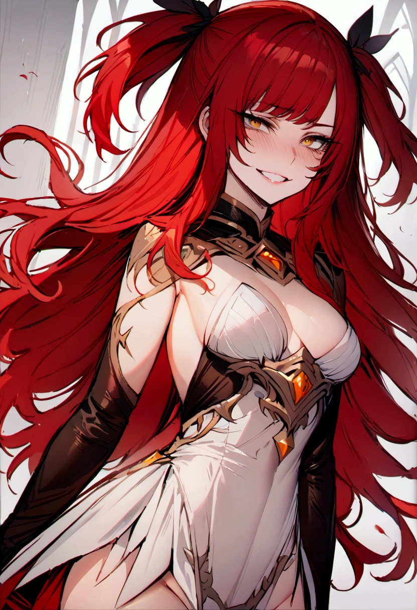 masterpiece, best quality 1girl, solo, beautiful woman, messy bangs, red hair, long hair, hair two side up by black bows , yellow eyes, grin, medium breasts, armour, fantasy dress, looking at viewer.