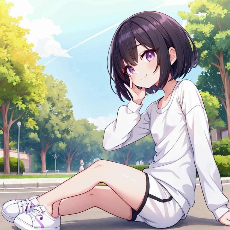 one cute lady sitting at sunny park, black short hair, bob hair, looking back at me, waving hand near her face, light smile, purple eyes, detailed pupil, detailed eyes, whole body, masterpiece, top quality, slender body, flat chest, sneakers, white jogging wear, beautiful thigh