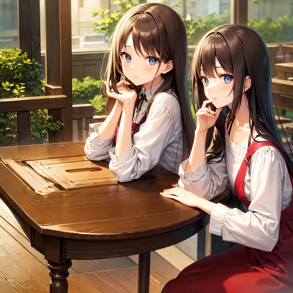 Long Hair、Beautiful eyes、woman、Wooden desk、Cafe、coffee、Contrasting sisters