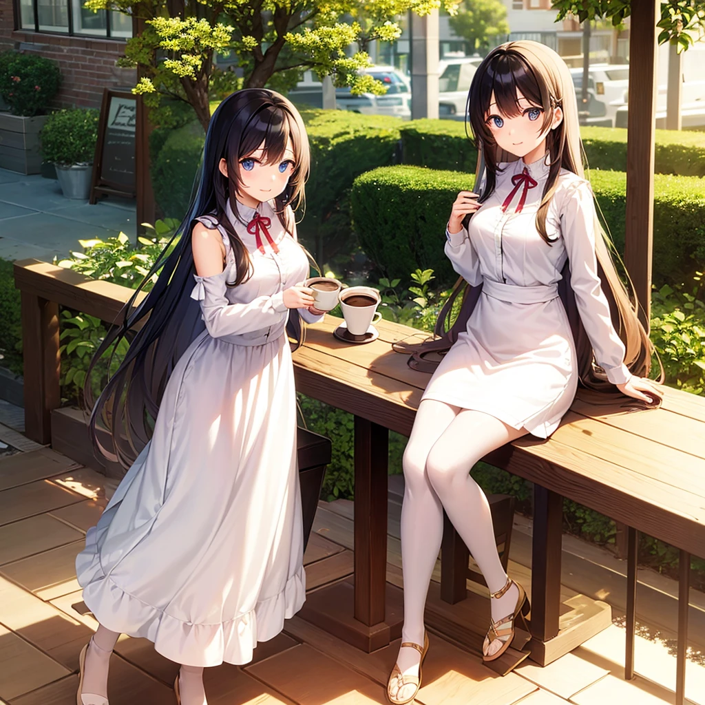 Long Hair、Beautiful eyes、woman、Wooden desk、Cafe、coffee、Contrasting sisters