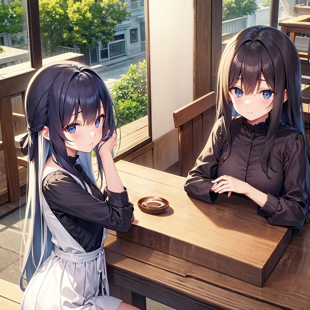Long Hair、Beautiful eyes、woman、Wooden desk、Cafe、coffee、Contrasting sisters
