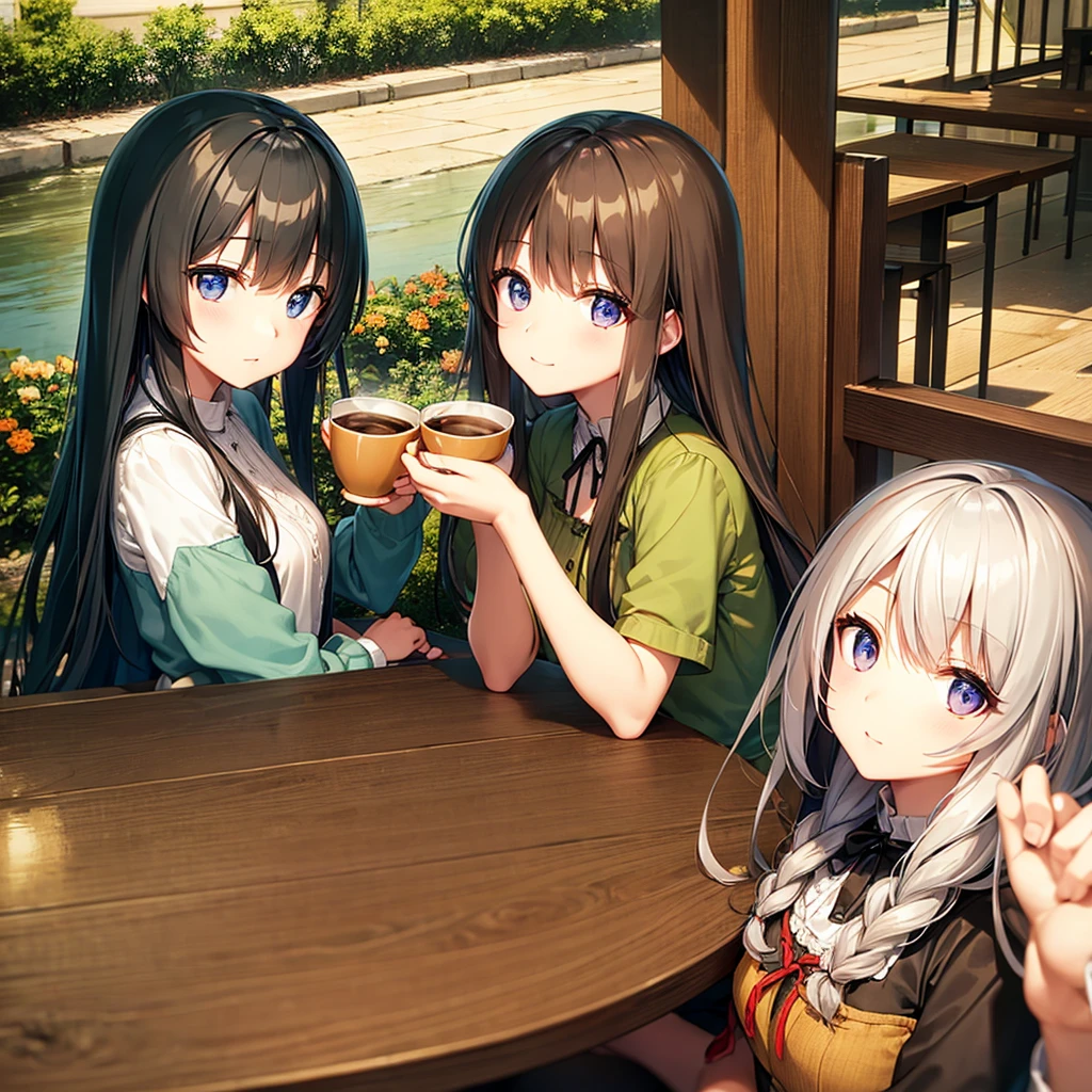 Long Hair、Beautiful eyes、woman、Wooden desk、Cafe、coffee、Contrasting sisters