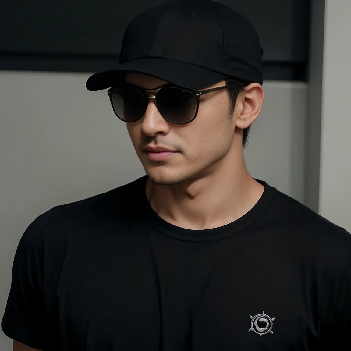 AI of a gentlemen wearing snap cap, black sun glasess and black t-shirt