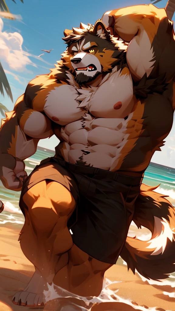 An Oozaru naked and wet body, blue eyes, NSFW:1.5, Naked:1.2, Huge penis, Huge balls, topless, Naked, Sexy body, muscular, anthropomorphic, extra detailed body, detailed body, Best quality, masterpiece, ultra high res, detailed background, realistic, real shadow and light, depth of field, (looking at the viewer), details skin, fluffy, open mouth, bad boy, sweaty, Summer, coconut tree, Sunny, beach, Gorilla, Oozaru.