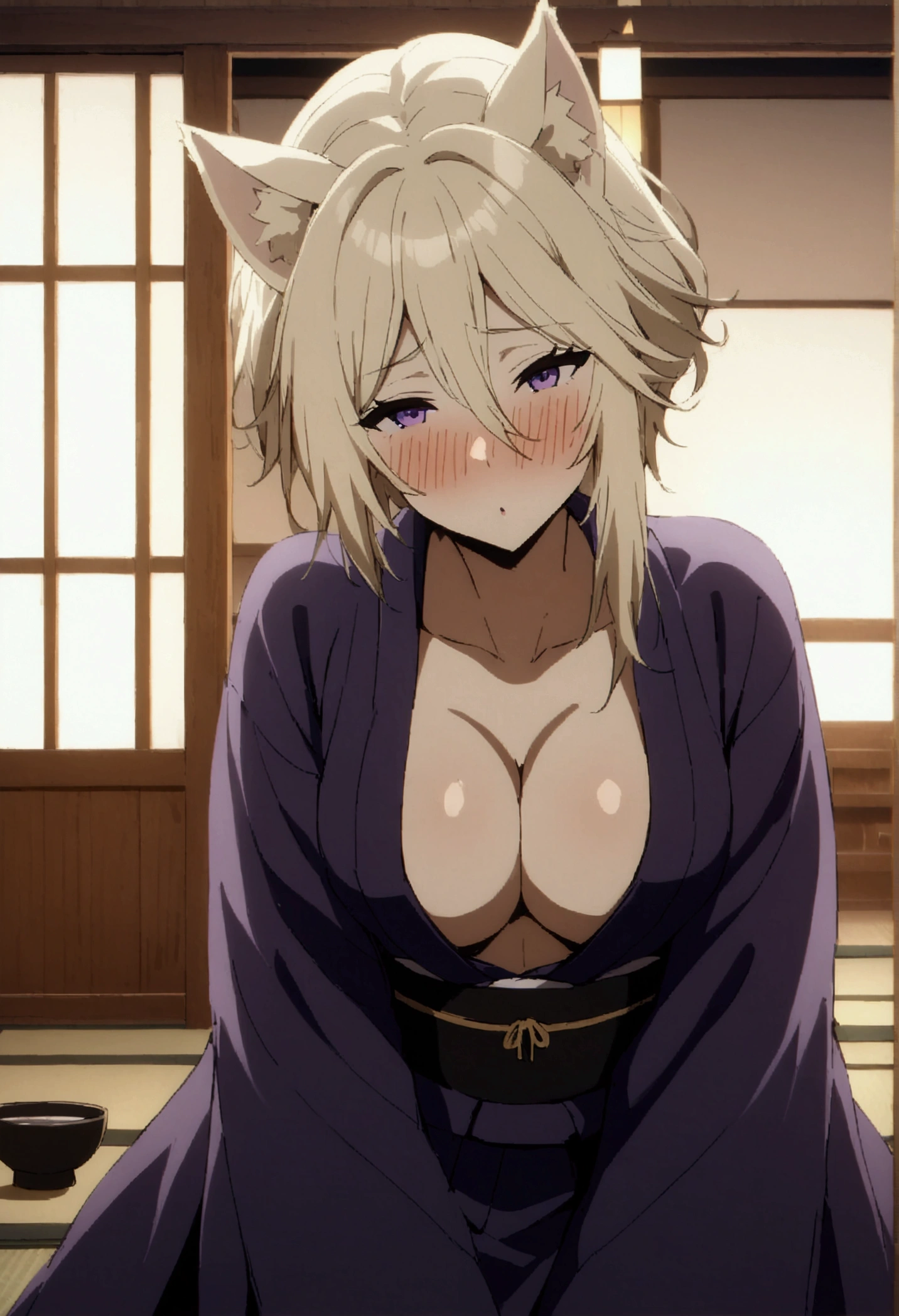 NSFW,masterpiece,Highest quality,High resolution,Very detailed,Zeta\(I want to be a powerful figure behind the scenes!\),Zeta,Animal ears、Purple Eyes、Blonde,short hair,Luxurious yukata,,blush,Drunk,Intoxication,sake,Luxurious Japanese-style room,inn,tatami,Shoji screen,moonlight