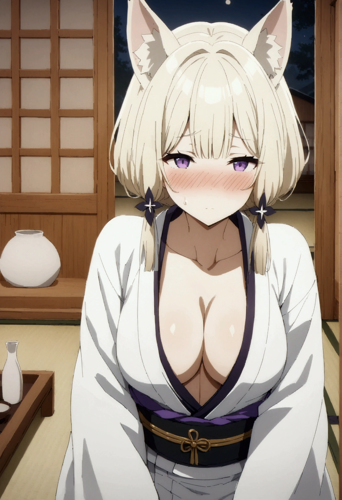 NSFW,masterpiece,Highest quality,High resolution,Very detailed,Zeta\(I want to be a powerful figure behind the scenes！\),Zeta,Animal ears、Purple Eyes、Blonde,short hair,Luxurious yukata,Cleavage,blush,Drunk,Intoxication,sake,Luxurious Japanese-style room,inn,tatami,Shoji screen,moonlight