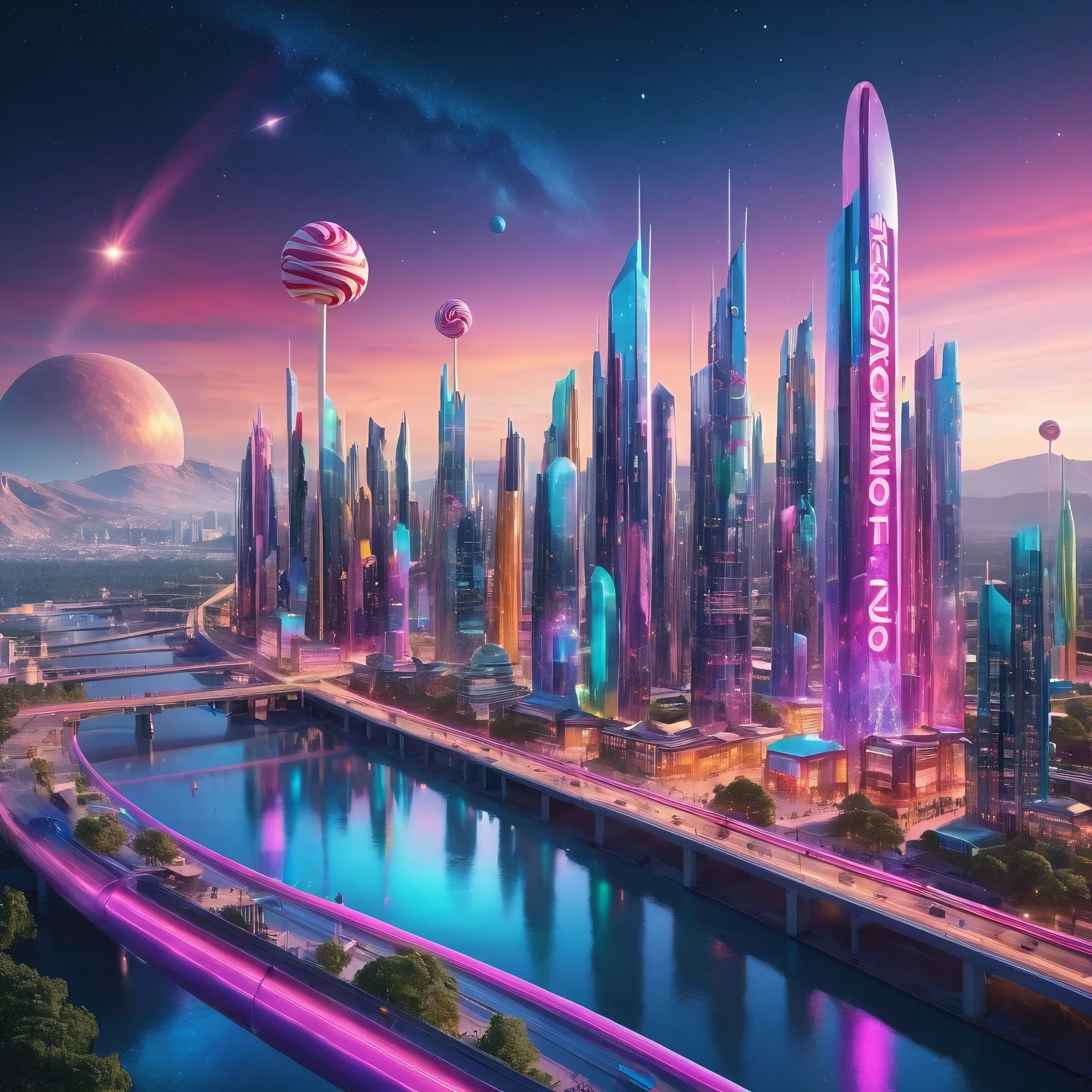 A captivating, high-resolution 3D render of the futuristic cityscape "NEUROSTOCKER 2024," where the limits of imagination are pushed to their extreme. The city is adorned with mesmerizing lollipop-shaped towers and candy-colored buildings, creating a fantastical and playful atmosphere. A shimmering rainbow river teems with life, reflecting the city's vibrant colors. The night sky is filled with twinkling stars, adding depth to the scene. Bold, modern typography displays the city's name, enhancing the futuristic aesthetic. A character is shown standing on a bridge, gazing at the breathtaking view. The combination of art, architecture, and storytelling elements creates an immersive, cinematic atmosphere that captivates the viewer and invites them to explore this, 3d render, photo, vibrant, typography, poster, cinematic, illustration, conceptual art, architecture