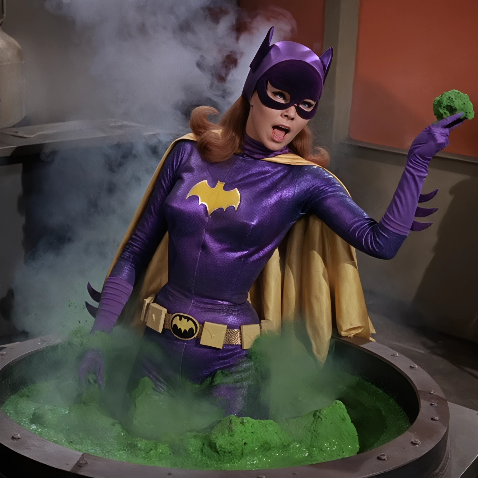 yvonne craig woman, sinking in a tank with green lava inside a lab. She screams with her eyes wide open, she looks for help, extent her arm trying to grab something to escape, she moves desperate, but half of her body is already cover by lava she is in pain, smoke everywhere. she screams as hard as she can , 60's style, analog film, film grain, on a lab