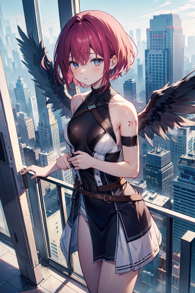 On top of a building、Overlooking the city、A fleeting expression、short hair、Small Wings、Shot from above、Concept Art、masterpiece、high resolution、Small breasts、front